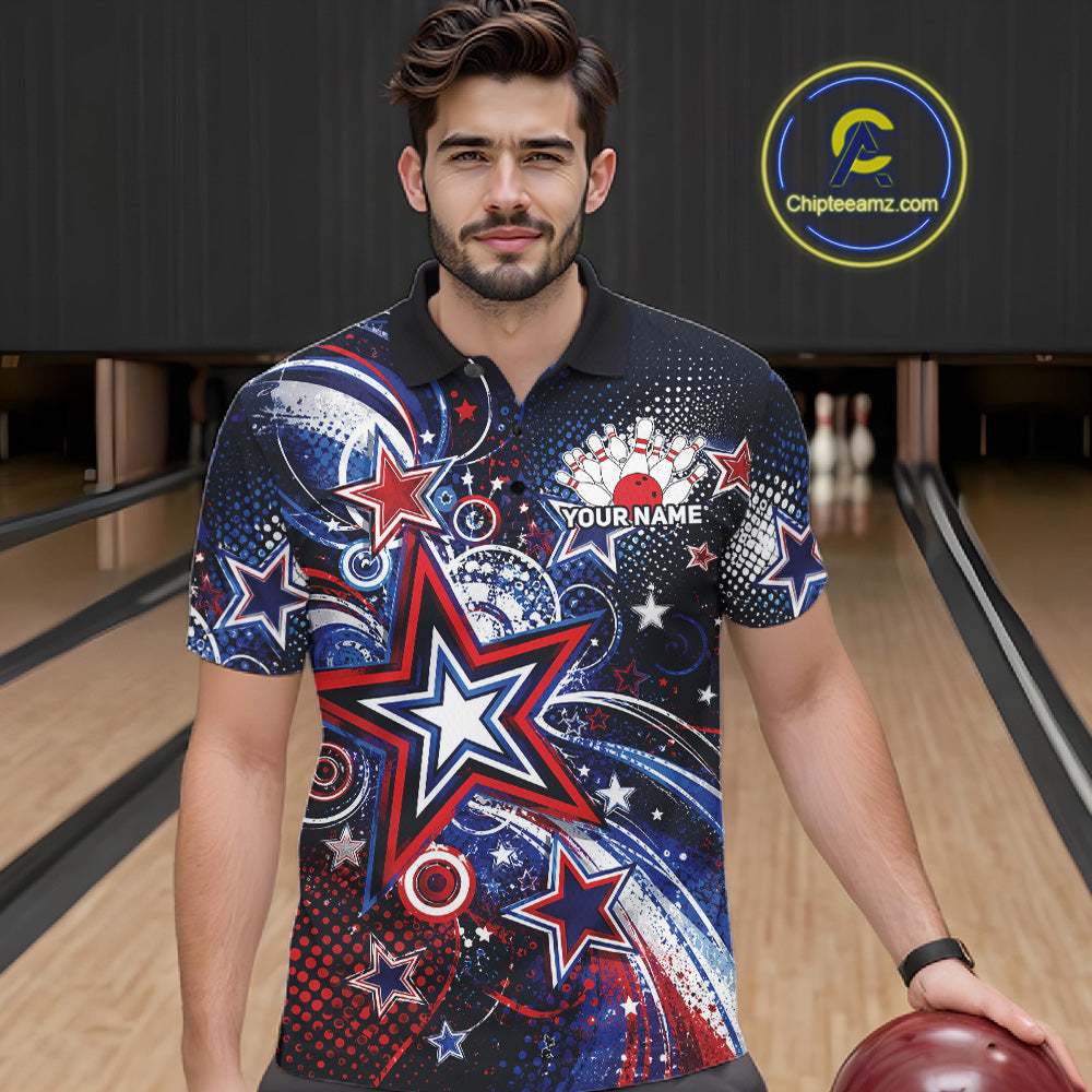 Front view of a male model in a bowling alley wearing a custom bowling polo shirt featuring red, white, and blue patriotic stars, halftone dots, and a grunge texture design.