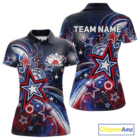 Front and back views of a custom women's bowling polo shirt featuring red, white, and blue patriotic stars, halftone dots, and a grunge texture design.