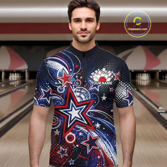 Front view of a male model in a bowling alley wearing a custom quarter zip bowling shirt featuring red, white, and blue patriotic stars, halftone dots, and a grunge texture design.