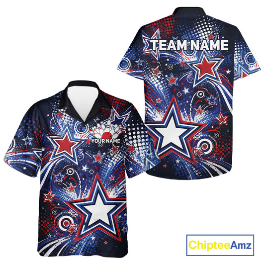 Front and back views of a custom bowling button up shirt featuring red, white, and blue patriotic stars, halftone dots, and a grunge texture design.