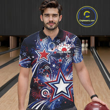 Load image into Gallery viewer, Front view of a male model in a bowling alley wearing a custom bowling polo shirt featuring red, white, and blue patriotic stars, halftone dots, and a grunge texture design.