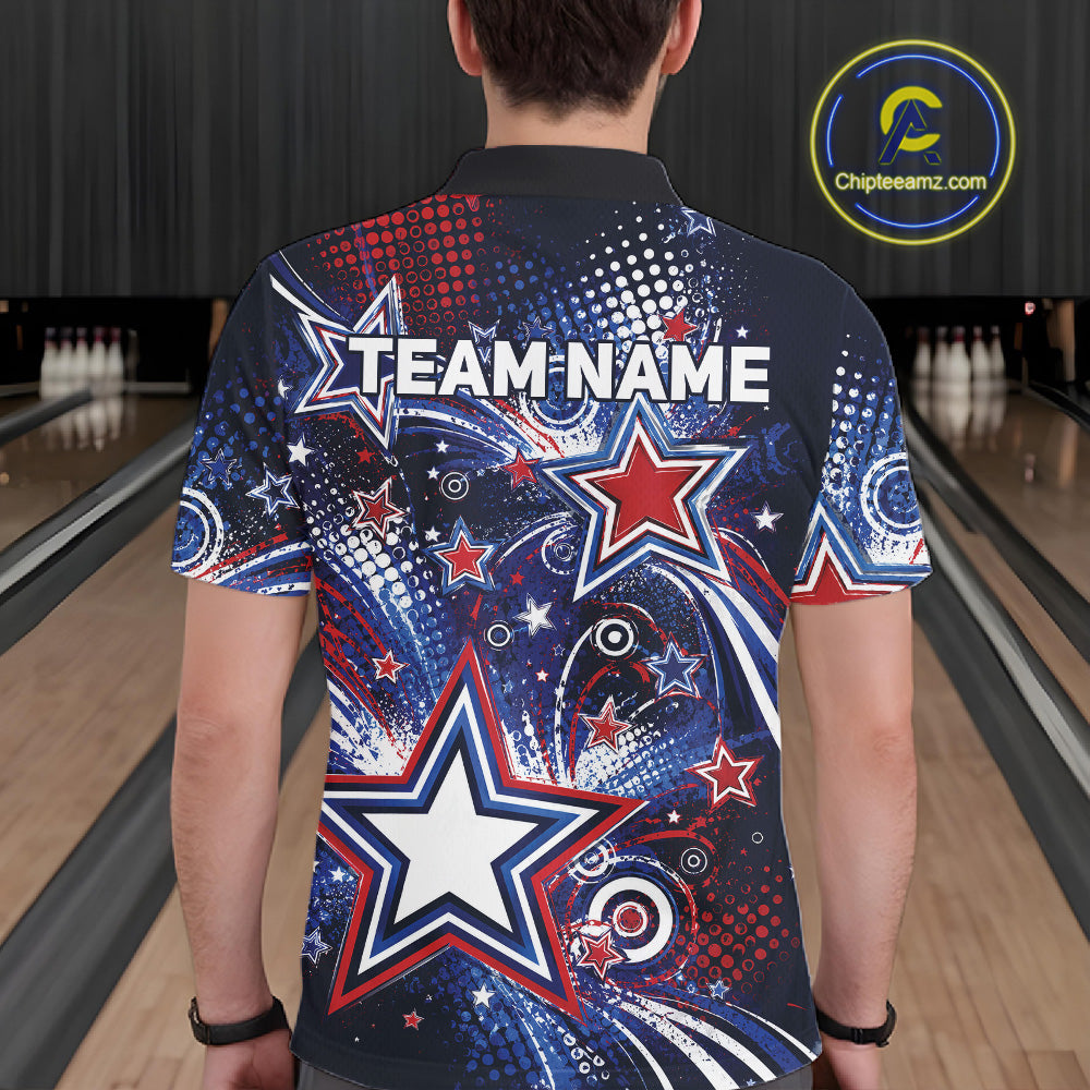 Back view of a male model in a bowling alley wearing a custom bowling polo shirt featuring red, white, and blue patriotic stars, halftone dots, and a grunge texture design.