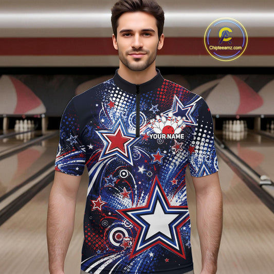 Front view of a male model in a bowling alley wearing a custom quarter zip bowling shirt featuring red, white, and blue patriotic stars, halftone dots, and a grunge texture design.
