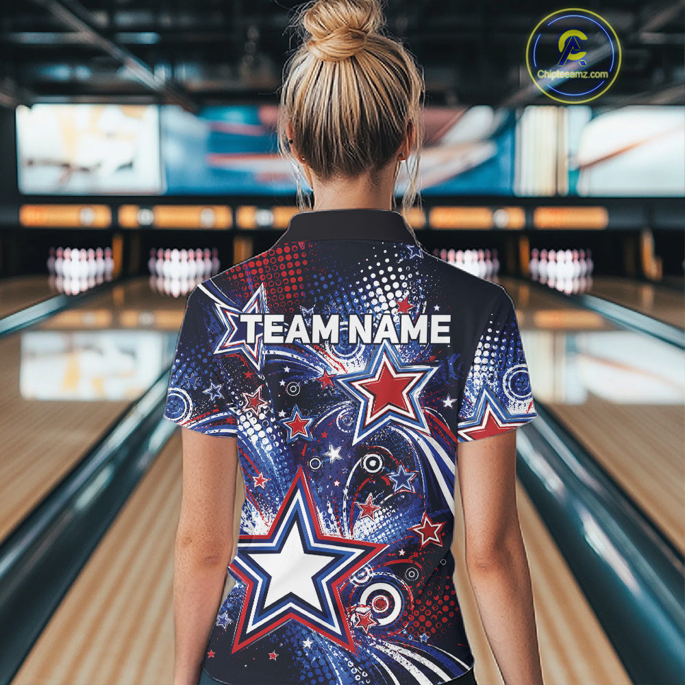 Back view of a female model in a bowling alley wearing a custom quarter zip bowling shirt featuring red, white, and blue patriotic stars, halftone dots, and a grunge texture design.