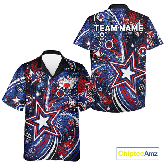 Front and back views of a custom bowling button up shirt featuring red, white, and blue patriotic stars, halftone dots, and a grunge texture design.