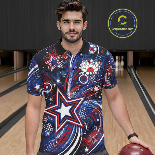 Front view of a male model in a bowling alley wearing a custom bowling polo shirt featuring red, white, and blue patriotic stars, halftone dots, and a grunge texture design.