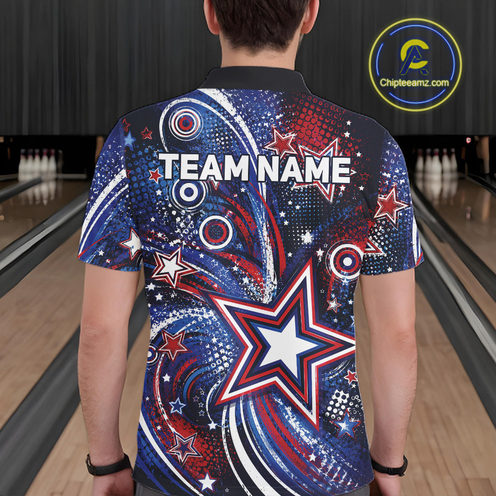 Back view of a male model in a bowling alley wearing a custom bowling polo shirt featuring red, white, and blue patriotic stars, halftone dots, and a grunge texture design.