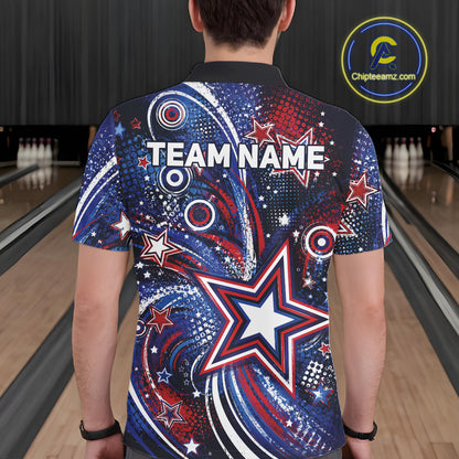 Back view of a male model in a bowling alley wearing a custom bowling polo shirt featuring red, white, and blue patriotic stars, halftone dots, and a grunge texture design.