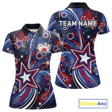 Load image into Gallery viewer, Front and back views of a custom women's bowling polo shirt featuring red, white, and blue patriotic stars, halftone dots, and a grunge texture design.