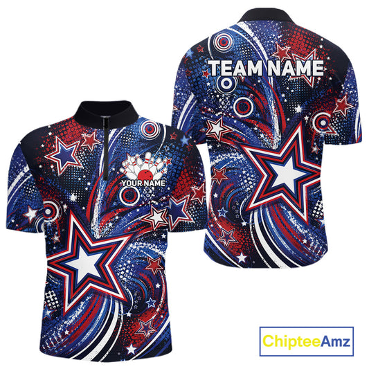 Front and back views of a custom quarter zip bowling shirt featuring red, white, and blue patriotic stars, halftone dots, and a grunge texture design.