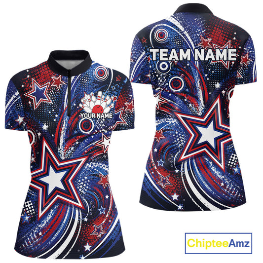 Front and back views of a custom women's quarter zip bowling shirt featuring red, white, and blue patriotic stars, halftone dots, and a grunge texture design.