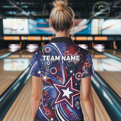 Back view of a female model in a bowling alley wearing a custom quarter zip bowling shirt featuring red, white, and blue patriotic stars, halftone dots, and a grunge texture design.