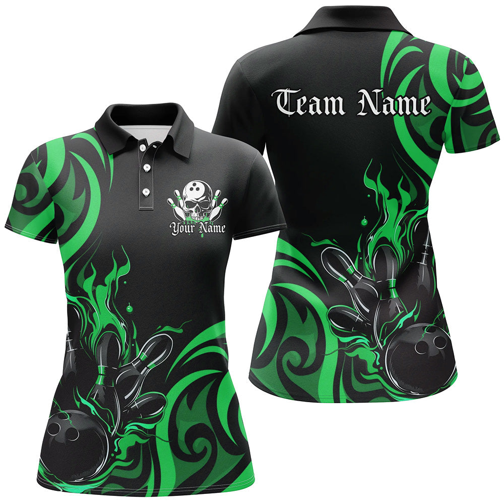 Custom Black And Green Flame Bowling Shirts For Women, Bowling League Shirts Team Jerseys IPHW7323