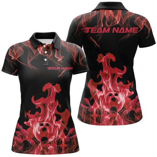 Custom Black And Red Flame Bowling Polo Shirts For Women, Bowling Team Shirt Outfits IPHW8056