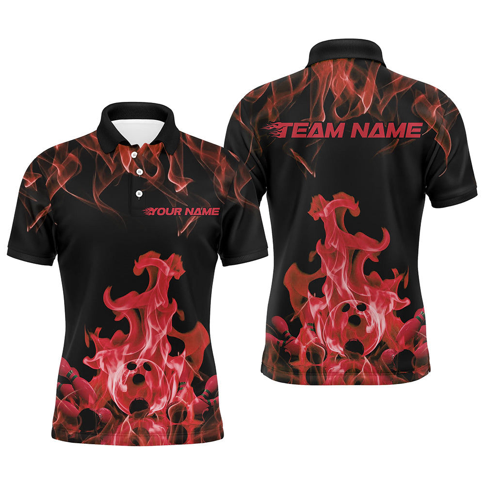 Custom Black And Red Flame Bowling Polo Shirts For Men, Bowling Team Shirt Outfits IPHW8056