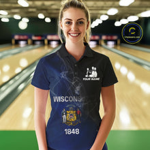 Load image into Gallery viewer, Custom Smoke Wisconsin Flag Bowling Women Team Shirts, Patriotic Wisconsin Bowling Jerseys IPHW10628