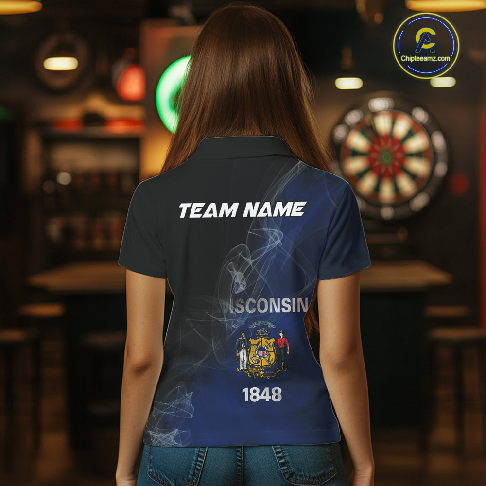 Custom Smoke Flame Wisconsin Flag Patriotic Darts Shirt For Women, Dart League Team Jerseys IPHW10633