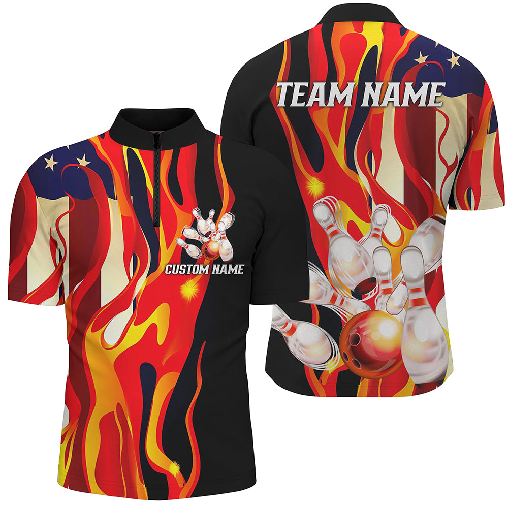 Flame American Flag Custom Bowling Team Shirts For Men And Women, Patriotic Bowling Jerseys IPHW5983