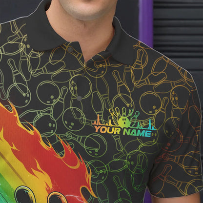 Custom Rainbow Flame Bowling Team Polo Shirts For Men, Colorful Bowling League Shirt IPHW8785