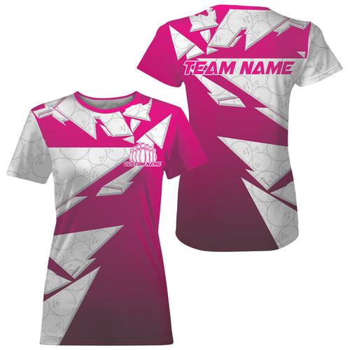 Custom Pink Bowling Team T-Shirts For Women, Bowling Ball Pattern Bowlers Outfits IPHW6270