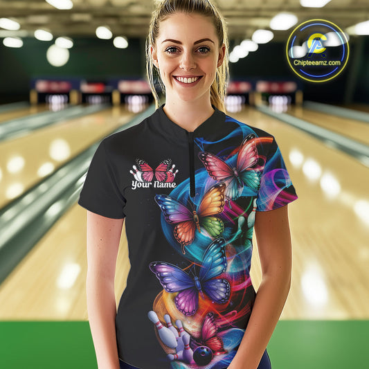 Custom Colorful Butterfly Bowling Women Quarter-Zip Shirts With Team Name, Bowlers Outfit IPHW9011