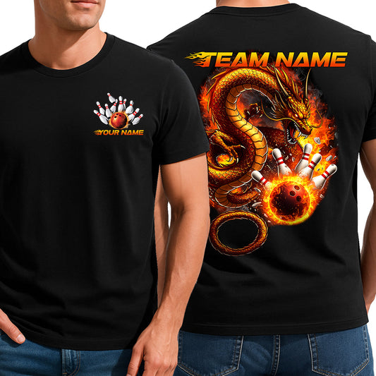 Personalized Flame Dragon Bowling T-Shirts For Men, Fire Bowling Ball Design IPHW9064