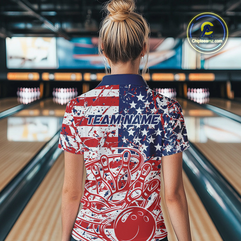 Custom Splatter Patriotic US Flag Bowling Polo Shirts For Women, American Bowling Jersey IPHW9257
