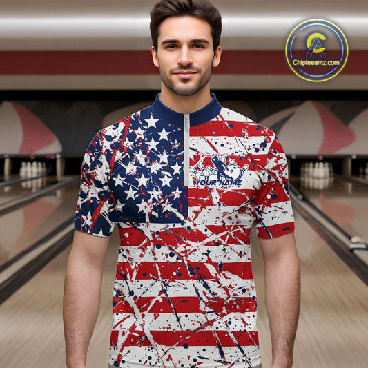 Custom Splatter Patriotic US Flag Bowling Quarter-Zip Shirts For Men, American Bowling Jersey IPHW9257