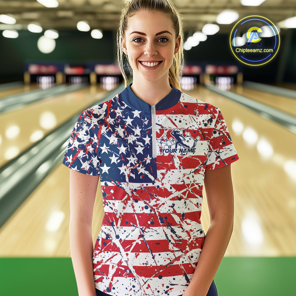 Custom Splatter Patriotic US Flag Bowling Women Quarter-Zip Shirt, US Flag Bowling Jersey IPHW9257