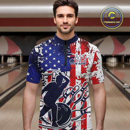 Custom Grunge US Flag Patriotic Bowling Quarter-Zip Shirts For Men, US Bowling League Shirt IPHW9258