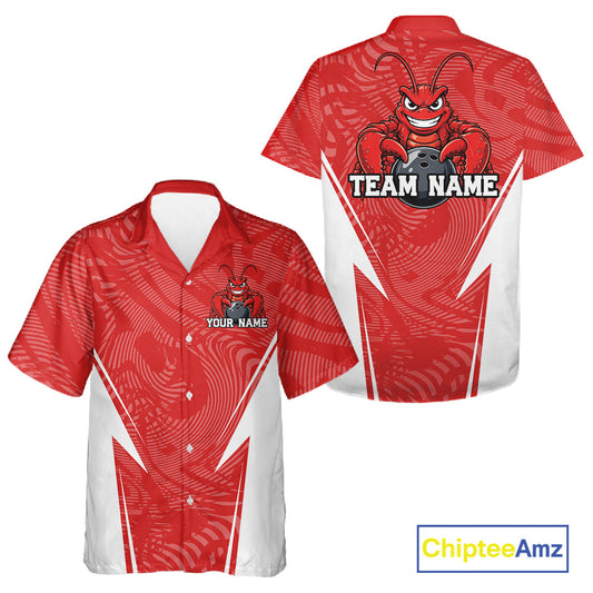 Front and back views of a red custom bowling button-up shirt featuring a funny aggressive crawfish holding a bowling ball in a sporty design style.