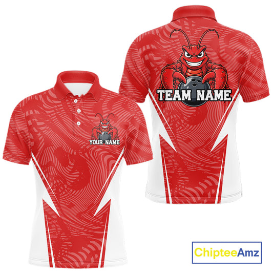 Front and back views of a red custom men's bowling polo shirt featuring a funny aggressive crawfish holding a bowling ball in a sporty design style.