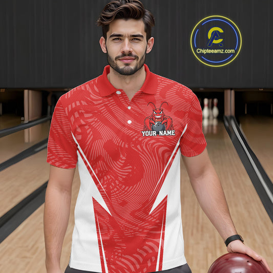 Front view of a male model in a bowling alley wearing a red custom bowling polo shirt with a funny aggressive crawfish holding a bowling ball in a sporty design style.