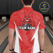 Load image into Gallery viewer, Back view of a male model in a bowling alley wearing a red custom bowling polo shirt with a funny aggressive crawfish holding a bowling ball in a sportswear-style design.