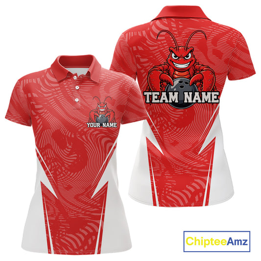 Front and back views of a red custom women's bowling polo shirt featuring a funny aggressive crawfish holding a bowling ball in a sportswear-style design.