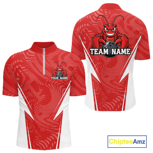 Front and back views of a red custom quarter-zip bowling shirt featuring a funny aggressive crawfish holding a bowling ball in a sportswear-style design.