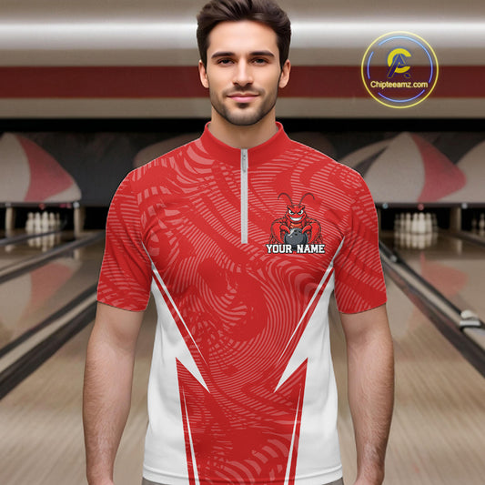 Front view of a male model in a bowling alley wearing a red custom quarter-zip bowling shirt with a funny aggressive crawfish holding a bowling ball in a sportswear-style design.