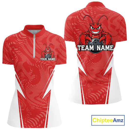 Front and back views of a red custom women's quarter-zip bowling shirt featuring a funny aggressive crawfish holding a bowling ball in a sportswear-style design.
