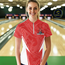 Load image into Gallery viewer, Front view of a happy female model in a bowling alley wearing a red custom quarter-zip bowling shirt with a funny aggressive crawfish holding a bowling ball in a sportswear-style design.