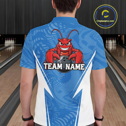 Back view of a male model in a bowling alley wearing a blue custom bowling polo shirt with a funny aggressive crawfish holding a bowling ball in a sportswear-style design.