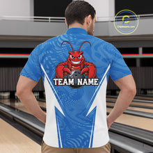 Load image into Gallery viewer, Back view of a male model in a bowling alley wearing a blue custom quarter-zip bowling shirt with a funny aggressive crawfish holding a bowling ball in a sportswear-style design.