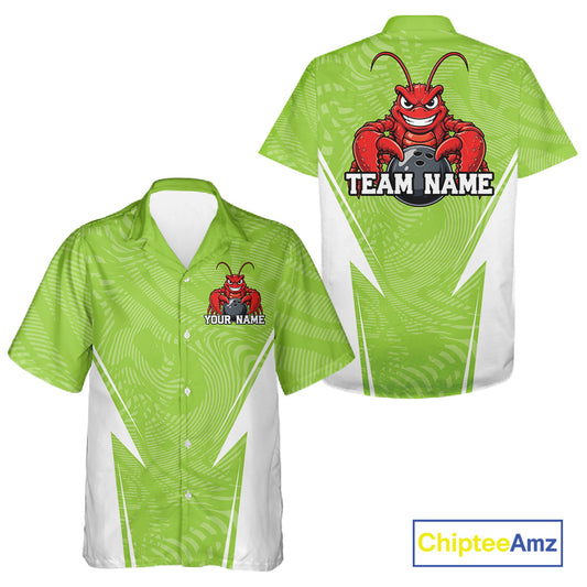 Front and back views of a light green custom bowling button-up shirt featuring a funny aggressive crawfish holding a bowling ball in a sporty design style.