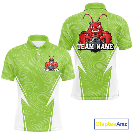 Front and back views of a light green custom men's bowling polo shirt featuring a funny aggressive crawfish holding a bowling ball in a sporty design style.