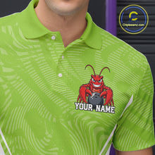 Load image into Gallery viewer, Close-up front view of the left chest area on a light green custom bowling polo shirt featuring a funny aggressive crawfish holding a bowling ball in a sportswear-style design.
