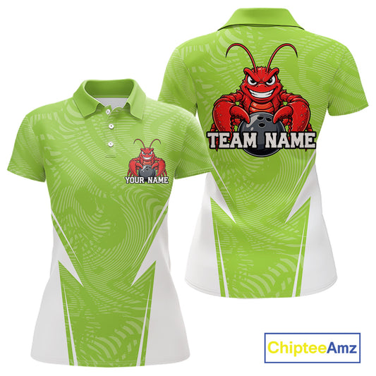 Front and back views of a light green custom women's bowling polo shirt featuring a funny aggressive crawfish holding a bowling ball in a sportswear-style design.