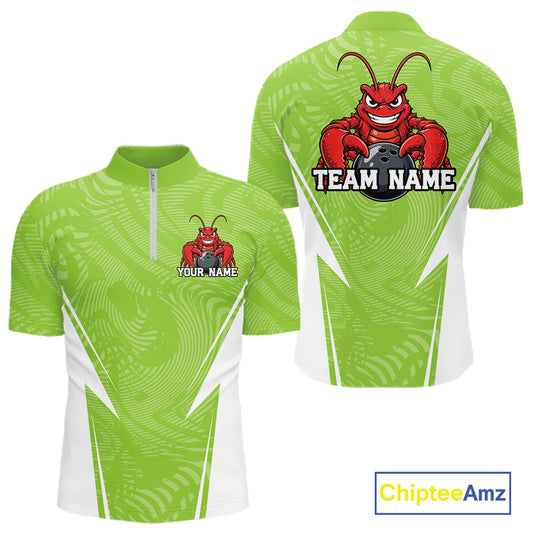 Front and back views of a light green custom quarter-zip bowling shirt featuring a funny aggressive crawfish holding a bowling ball in a sportswear-style design.