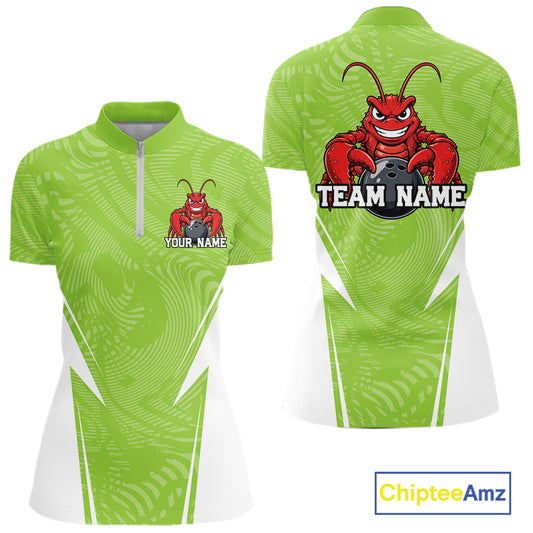 Front and back views of a light green custom women's quarter-zip bowling shirt featuring a funny aggressive crawfish holding a bowling ball in a sportswear-style design.