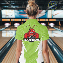 Load image into Gallery viewer, Back view of a female model in a bowling alley wearing a light green custom quarter-zip bowling shirt with a funny aggressive crawfish holding a bowling ball in a sportswear-style design.