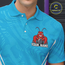 Load image into Gallery viewer, Close-up front view of the left chest area on a blue custom bowling polo shirt featuring a funny aggressive crawfish holding a bowling ball in a sportswear-style design.
