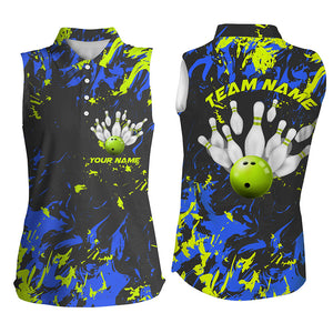 Green And Blue Custom Camouflage Bowling Shirts For Women, Female Bowling Sleeveless Shirts Outfit IPHW5183